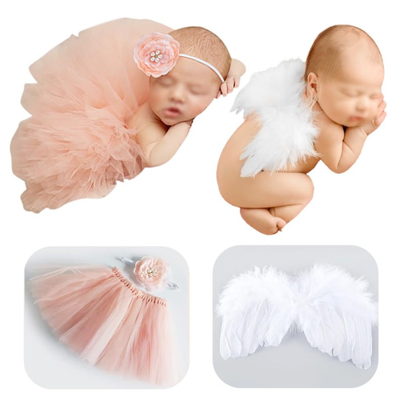 COFASHION Newborn Girls Photo Prop Outfits Newborn Photography Props-Pink Tutu Skirt & Baby Girl Angel Wings Set- Newborn Photo Props Girl Newborn Girl Outfits for Photography - Image 1